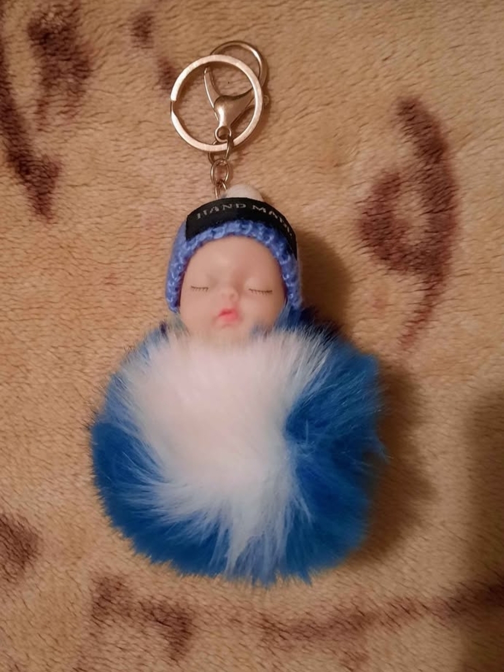 NWOT Blue & White Pom Doll Keychain with Knit Hat